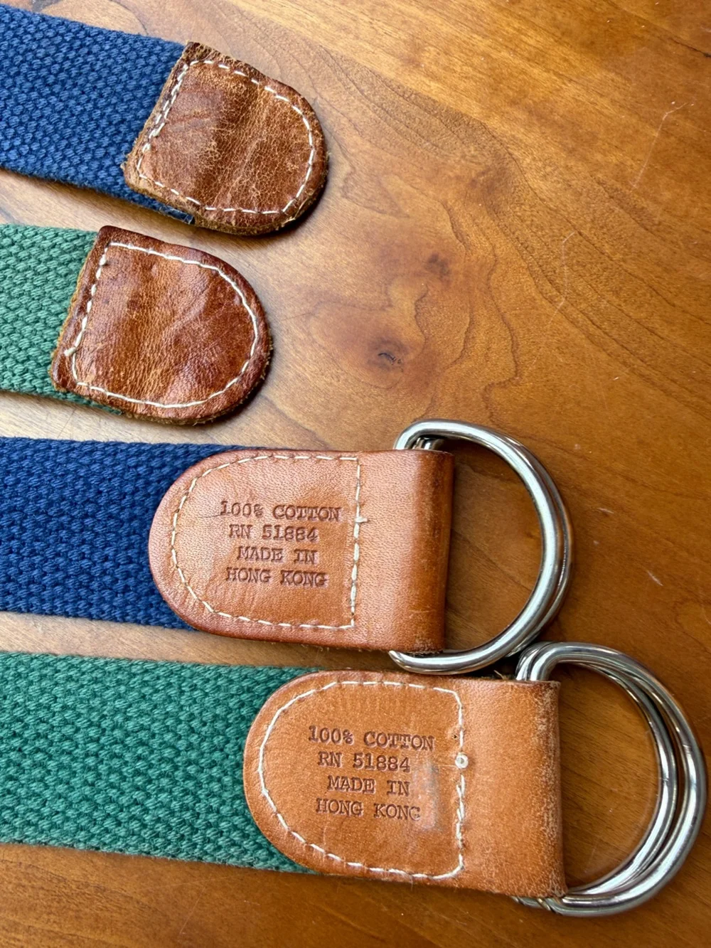 Set of 2 Patagonia Cotton Canvas D-Ring Belt Navy & Green Leather Trim GORPCORE